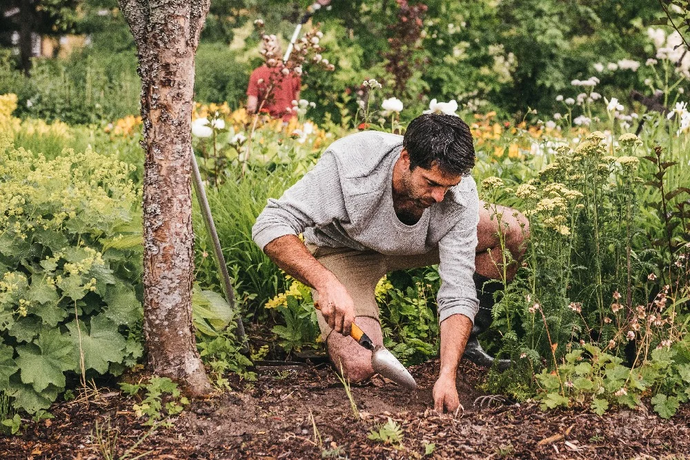 Person jätet mit Handschaufel im Garten